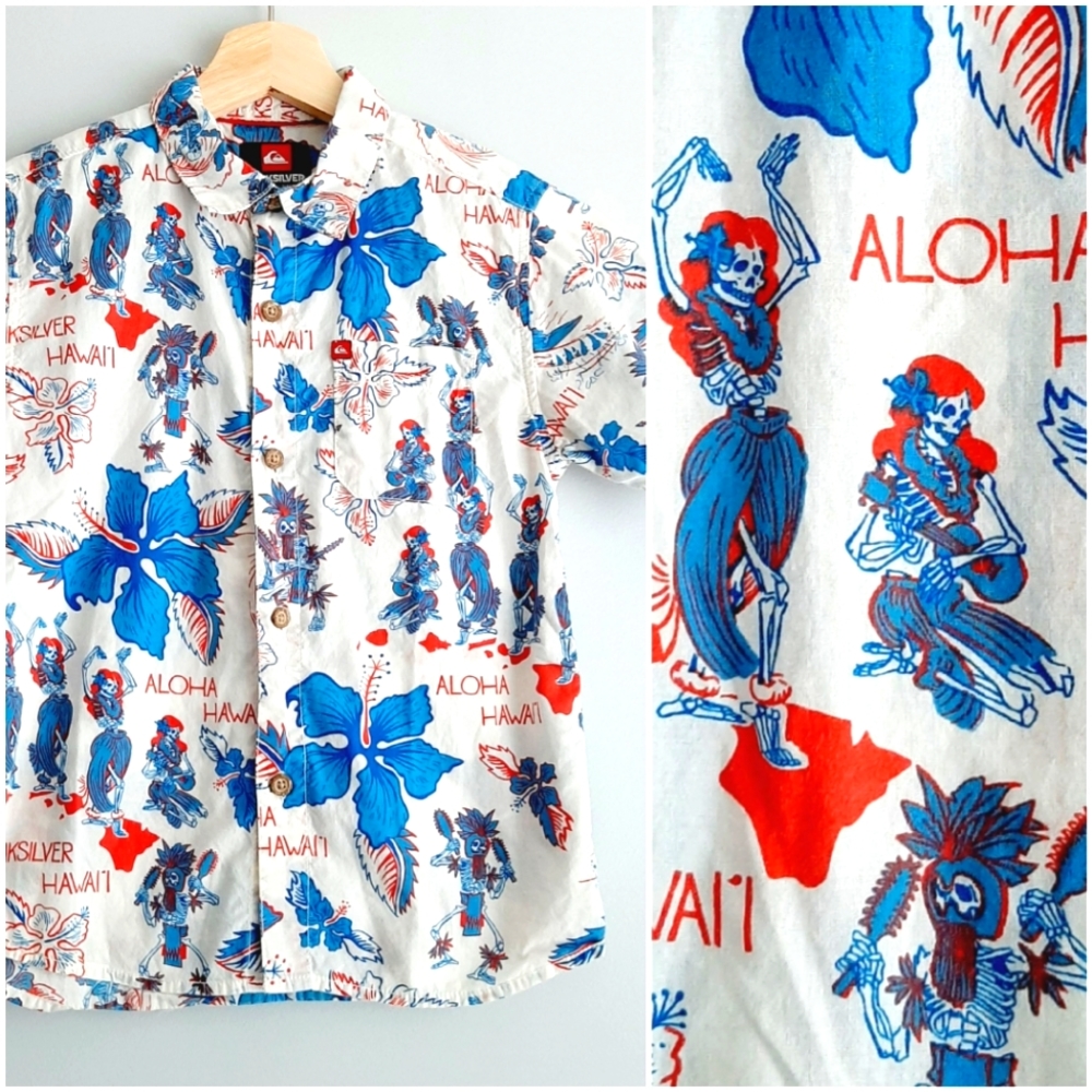 Quiksilver Kids Aloha Hawaii Button Down Shirt - Blue and Red